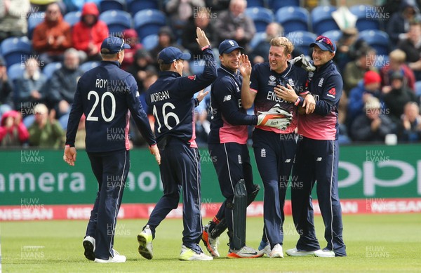 060617 - England v New Zealand, ICC Champions Trophy 2017, Cardiff - England players celebrate taking the wicket of Luke Ronchi of New Zealand