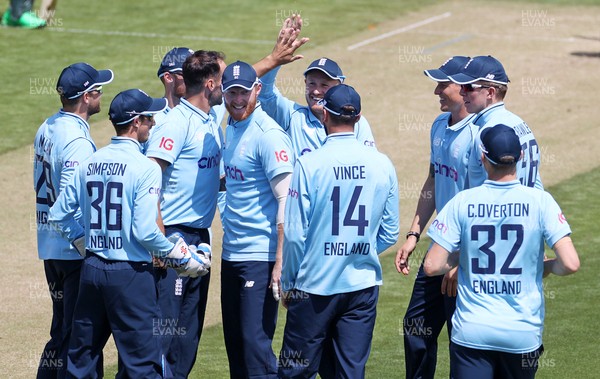 080721 - England v Pakistan - Royal London ODI - Lewis Gregory of England celebrates taking the wicket of Mohammad Rizwan