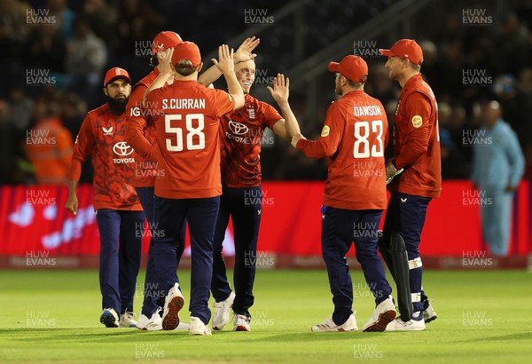 100925 - England v South Africa - 1st T20I - Luke Wood of England celebrates after Ryan Rickelton is caught out