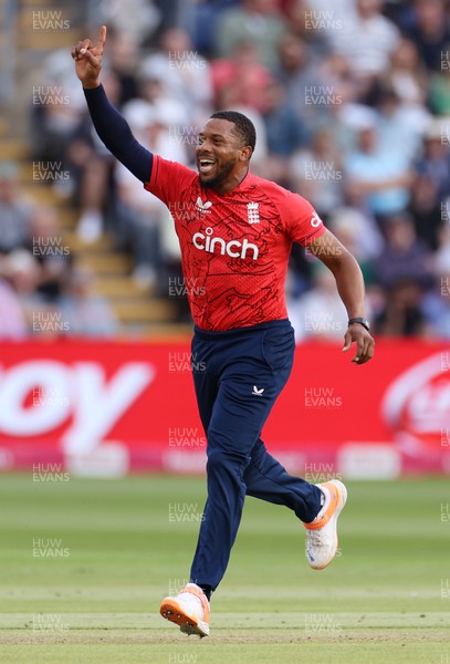280722 - England v South Africa - IT20 - Chris Jordan of England prematurely celebrates taking the wicket of Rilee Rossouw