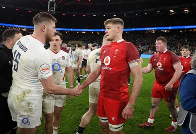 070226 - England v Wales - Guinness Six Nations - Freddie Steward of England and Taine Plumtree of Wales 
