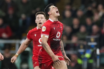 070226 - England v Wales, 2026 Guinness Six Nations - Louis Rees-Zammit of Wales reacts after he kicks the ball into touch