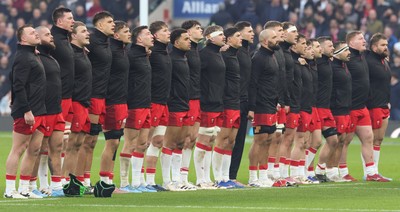 070226 - England v Wales, 2026 Guinness Six Nations - The Wales team lineup for the anthem