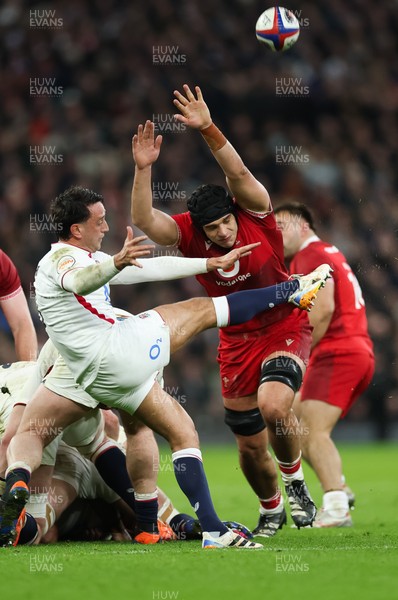 070226 - England v Wales, 2026 Guinness Six Nations - Dafydd Jenkins of Wales looks to charge down the kick by Alex Mitchell of England