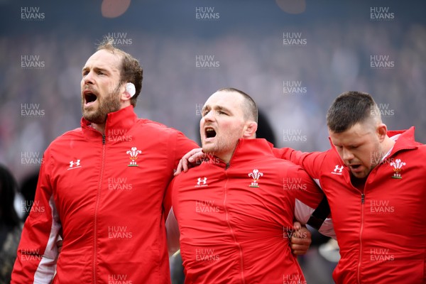070320 - England v Wales - Guinness Six Nations - Alun Wyn Jones, Ken Owens and Rob Evans of Wales during the anthems