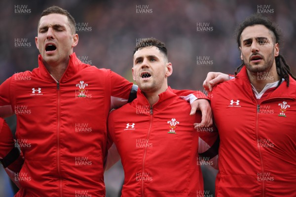 070320 - England v Wales - Guinness Six Nations - George North, Tomos Williams and Josh Navidi of Wales during the anthems