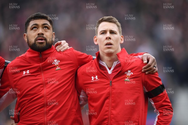 070320 - England v Wales - Guinness Six Nations - Taulupe Faletau and Liam Williams of Wales during the anthems