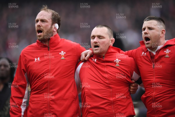 070320 - England v Wales - Guinness Six Nations - Alun Wyn Jones, Ken Owens and Rob Evans of Wales during the anthems