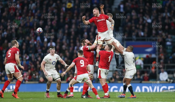 070320 - England v Wales, Guinness Six Nations 2020 - Ross Moriarty of Wales taps the ball back from the line out
