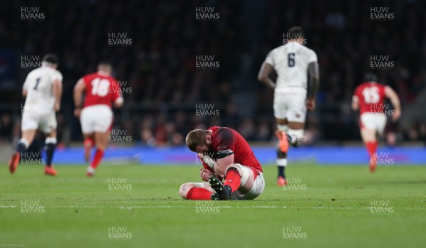 070320 - England v Wales, Guinness Six Nations 2020 - Jake Ball of Wales reacts in pain after picking up an injury