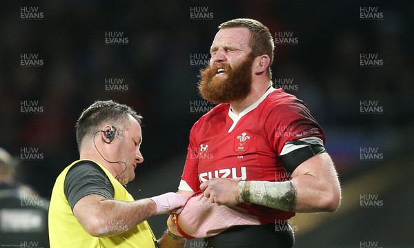 070320 - England v Wales, Guinness Six Nations 2020 - Jake Ball of Wales reacts in pain after picking up an injury