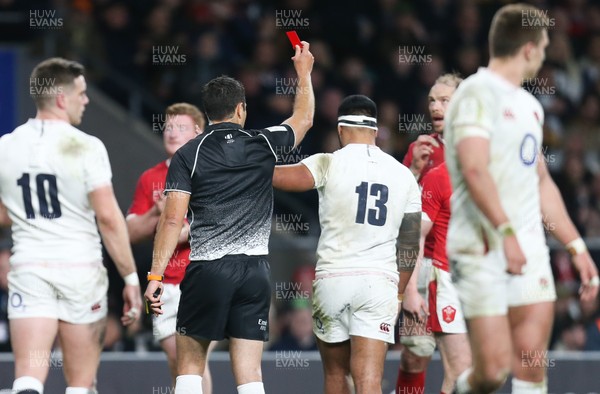 070320 - England v Wales, Guinness Six Nations 2020 - Manu Tuilagi of England is shown a red card for the challenge on George North of Wales