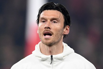 091025 - England v Wales - International Friendly - Kieffer Moore of Wales during the anthem