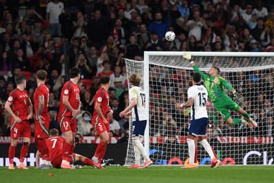 091025 - England v Wales - International Friendly - Karl Darlow of Wales makes a save from Declan Rice of Englands free kick