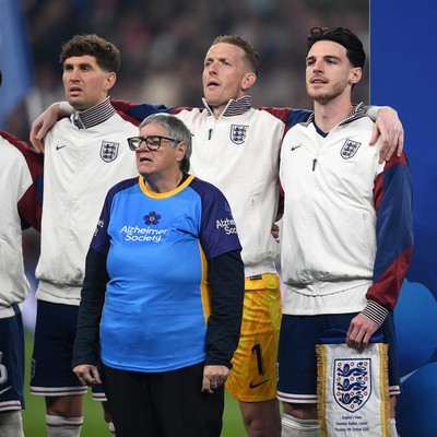 091025 - England v Wales - International Friendly - From left to right, John Stones, Jordan Pickford and Declan Rice of England during the anthem