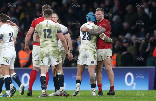 100218 - England v Wales - Natwest 6 Nations - Jack Nowell of England and Ross Moriarty of Wales shake hands at full time
