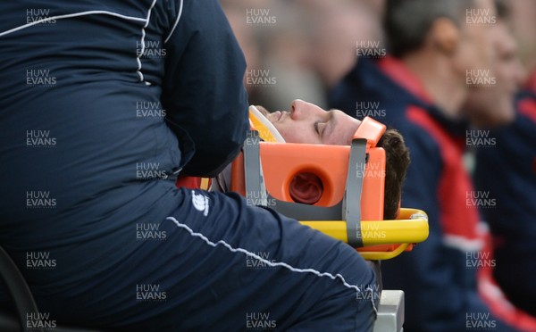 120316 - England v Wales - RBS 6 Nations 2016 -Sam Warburton of Wales is stretched off the field