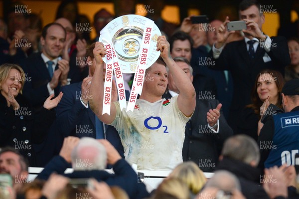 120316 - England v Wales - RBS 6 Nations 2016 -Dylan Hartley of England lifts the triple crown