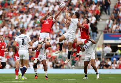 120823 - England v Wales - Summer Nations Series - Taine Plumtree of Wales goes up for the high ball