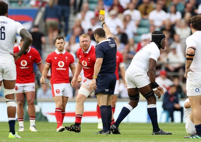 120823 - England v Wales - Summer Nations Series - Tommy Reffell of Wales is given a yellow card by Referee Nika Amashukeli 