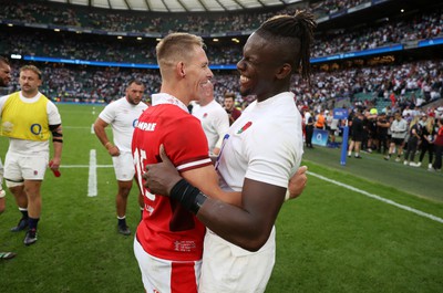 120823 - England v Wales - Summer Nations Series - Liam Williams of Wales and Maro Itoje of England at full time