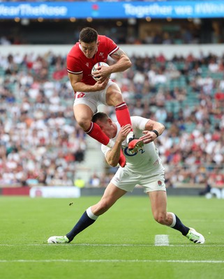 120823 - England v Wales, Summer Nations Series 2023 - Josh Adams of Wales is tackled in the air by Freddie Steward of England, resulting in a penalty try