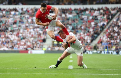 120823 - England v Wales, Summer Nations Series 2023 - Josh Adams of Wales is tackled in the air by Freddie Steward of England, resulting in a penalty try