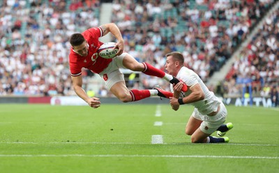 120823 - England v Wales, Summer Nations Series 2023 - Josh Adams of Wales is tackled in the air by Freddie Steward of England, resulting in a penalty try