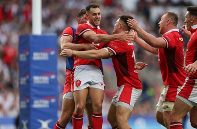 120823 - England v Wales, Summer Nations Series 2023 - Tomos Williams of Wales celebrates with team mates after scoring try