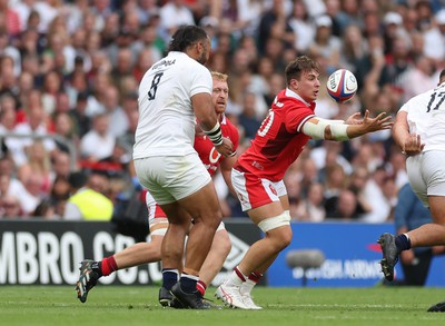 120823 - England v Wales, Summer Nations Series 2023 - Taine Basham of Wales loses the ball as he is put under pressure by Billy Vunipola of England