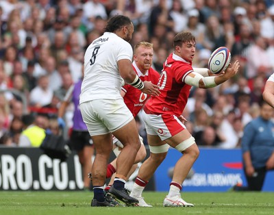 120823 - England v Wales, Summer Nations Series 2023 - Taine Basham of Wales loses the ball as he is put under pressure by Billy Vunipola of England