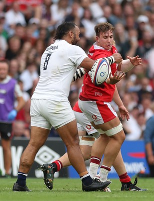 120823 - England v Wales, Summer Nations Series 2023 - Taine Basham of Wales loses the ball as he is put under pressure by Billy Vunipola of England