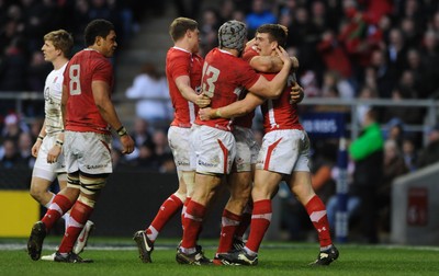 250212 - England v Wales - RBS Six Nations 2012 -Wales players celebrate Scott Williams try