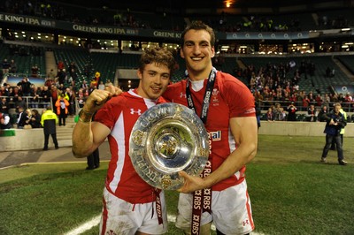 250212 - England v Wales - RBS Six Nations 2012 -Leigh Halfpenny and Sam Warburton of Wales celebrate winning the tripple crown