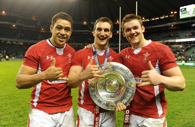 250212 - England v Wales - RBS Six Nations 2012 -Toby Faletau, Sam Warburton and Dan Lydiate of Wales celebrate winning the tripple crown