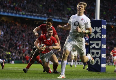 250212 - England v Wales, RBS 6 Nations - Wales' Scott Williams celebrates after scoring try