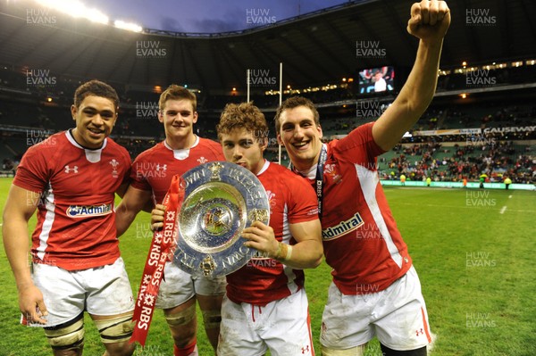 250212 - England v Wales - RBS Six Nations 2012 -Toby Faletau, Dan Lydiate, Leigh Halfpenny and Sam Warburton of Wales celebrate winning the tripple crown