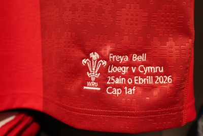 250426 - England v Wales, 2026 Guinness Women’s 6 Nations - Freya Bell’s Wales match jersey hanging in the changing room ahead of the match on her first cap