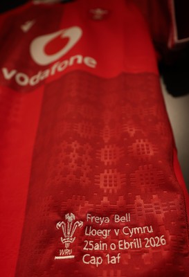 250426 - England v Wales, 2026 Guinness Women’s 6 Nations - Freya Bell’s Wales match jersey hanging in the changing room ahead of the match on her first cap