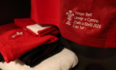 250426 - England v Wales, 2026 Guinness Women’s 6 Nations - Freya Bell’s Wales match jersey hanging in the changing room ahead of the match on her first cap
