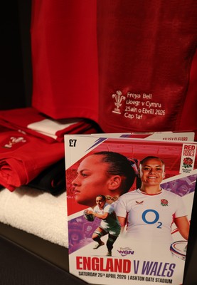 250426 - England v Wales, 2026 Guinness Women’s 6 Nations - Freya Bell’s Wales match jersey hanging in the changing room ahead of the match on her first cap