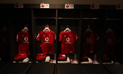 250426 - England v Wales, 2026 Guinness Women’s 6 Nations - Wales match jerseys hang in the changing room ahead of the match