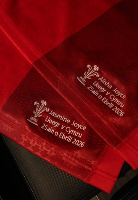 250426 - England v Wales, 2026 Guinness Women’s 6 Nations - Jasmine Joyce and Alisha Joyce’s Wales match jerseys in the changing room ahead of the match