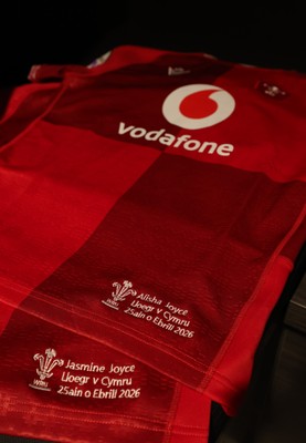 250426 - England v Wales, 2026 Guinness Women’s 6 Nations - Jasmine Joyce and Alisha Joyce’s Wales match jerseys in the changing room ahead of the match