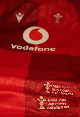250426 - England v Wales, 2026 Guinness Women’s 6 Nations - Jasmine Joyce and Alisha Joyce’s Wales match jerseys in the changing room ahead of the match
