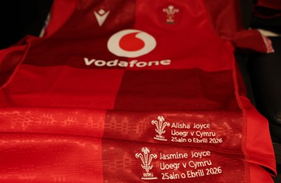 250426 - England v Wales, 2026 Guinness Women’s 6 Nations - Jasmine Joyce and Alisha Joyce’s Wales match jerseys in the changing room ahead of the match