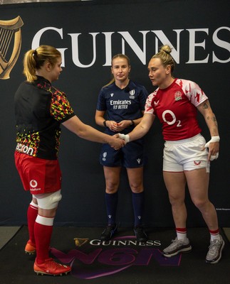 250426 - England v Wales, 2026 Guinness Women’s 6 Nations -  Coin toss with captains Bethan Lewis of Wales and England’s Megan Jones