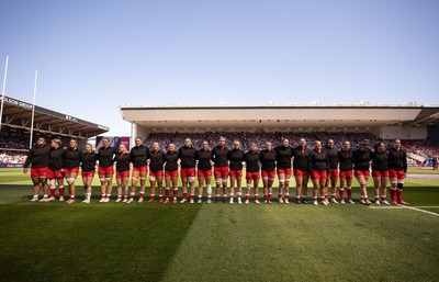250426 - England v Wales, 2026 Guinness Women’s 6 Nations - The Wales team line up for the anthems ahead of the match