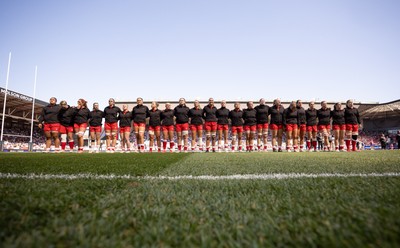 250426 - England v Wales, 2026 Guinness Women’s 6 Nations - The Wales team line up for the anthems ahead of the match