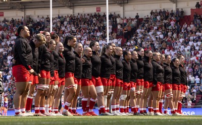 250426 - England v Wales, 2026 Guinness Women’s 6 Nations - The Wales team line up for the anthems ahead of the match